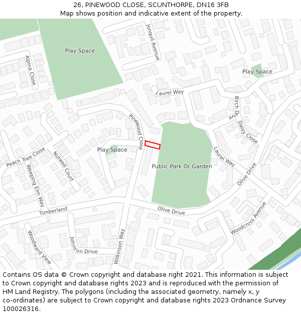 26, PINEWOOD CLOSE, SCUNTHORPE, DN16 3FB: Location map and indicative extent of plot