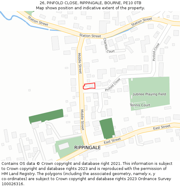 26, PINFOLD CLOSE, RIPPINGALE, BOURNE, PE10 0TB: Location map and indicative extent of plot