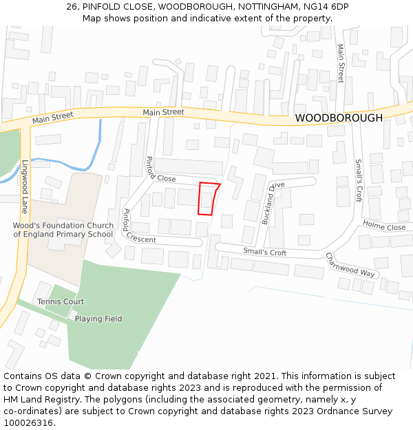 26, PINFOLD CLOSE, WOODBOROUGH, NOTTINGHAM, NG14 6DP: Location map and indicative extent of plot