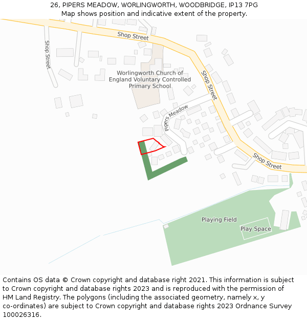 26, PIPERS MEADOW, WORLINGWORTH, WOODBRIDGE, IP13 7PG: Location map and indicative extent of plot