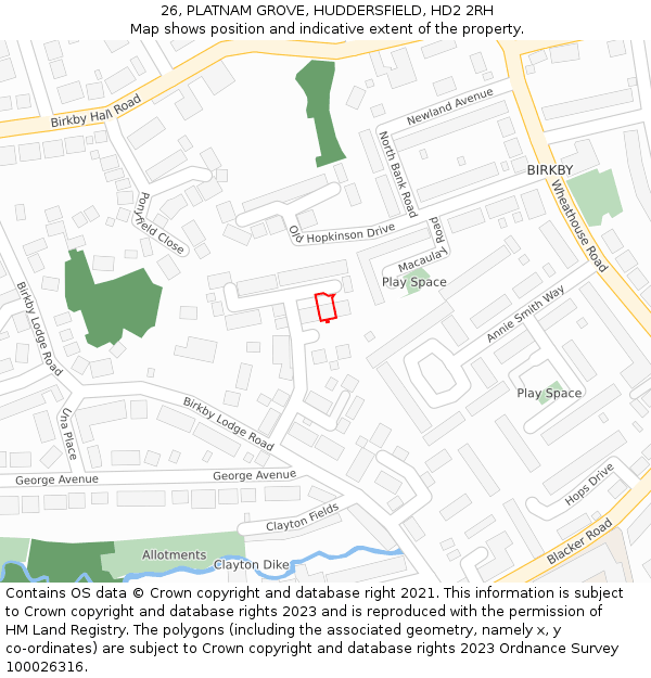 26, PLATNAM GROVE, HUDDERSFIELD, HD2 2RH: Location map and indicative extent of plot