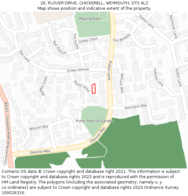 26, PLOVER DRIVE, CHICKERELL, WEYMOUTH, DT3 4LZ: Location map and indicative extent of plot