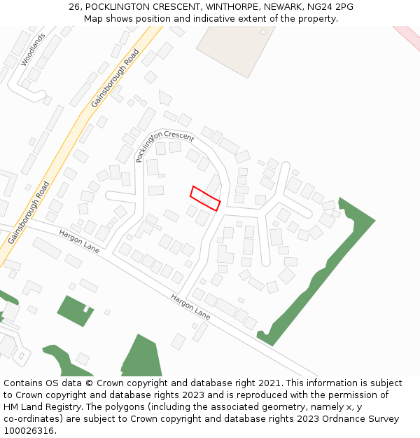 26, POCKLINGTON CRESCENT, WINTHORPE, NEWARK, NG24 2PG: Location map and indicative extent of plot