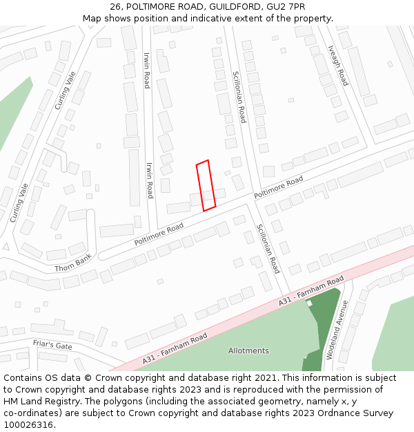26, POLTIMORE ROAD, GUILDFORD, GU2 7PR: Location map and indicative extent of plot