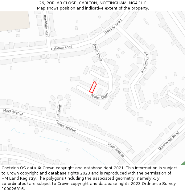 26, POPLAR CLOSE, CARLTON, NOTTINGHAM, NG4 1HF: Location map and indicative extent of plot