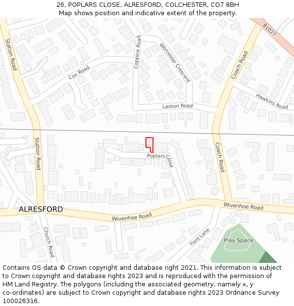 26, POPLARS CLOSE, ALRESFORD, COLCHESTER, CO7 8BH: Location map and indicative extent of plot