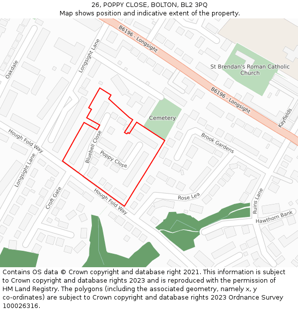 26, POPPY CLOSE, BOLTON, BL2 3PQ: Location map and indicative extent of plot