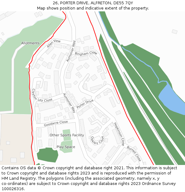 26, PORTER DRIVE, ALFRETON, DE55 7QY: Location map and indicative extent of plot