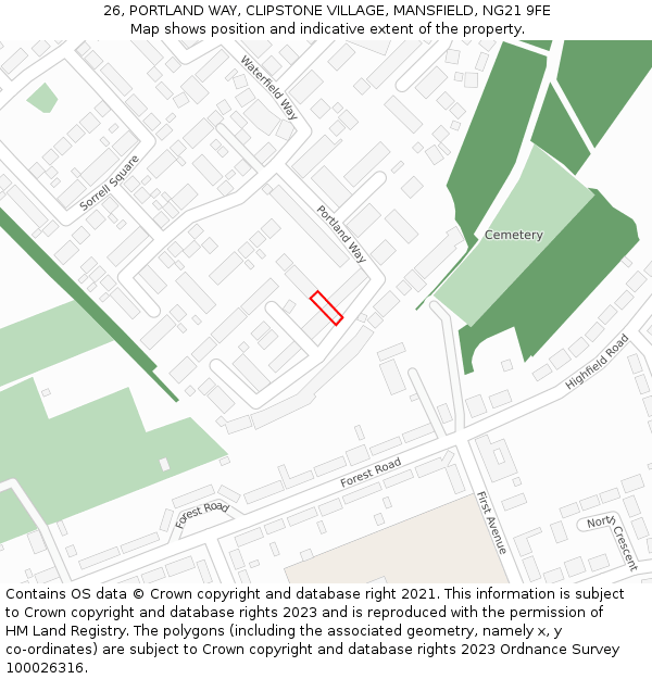 26, PORTLAND WAY, CLIPSTONE VILLAGE, MANSFIELD, NG21 9FE: Location map and indicative extent of plot