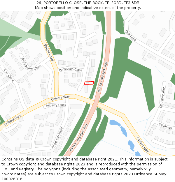 26, PORTOBELLO CLOSE, THE ROCK, TELFORD, TF3 5DB: Location map and indicative extent of plot