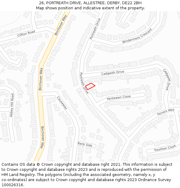 26, PORTREATH DRIVE, ALLESTREE, DERBY, DE22 2BH: Location map and indicative extent of plot