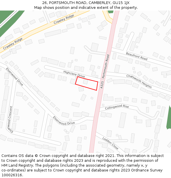 26, PORTSMOUTH ROAD, CAMBERLEY, GU15 1JX: Location map and indicative extent of plot