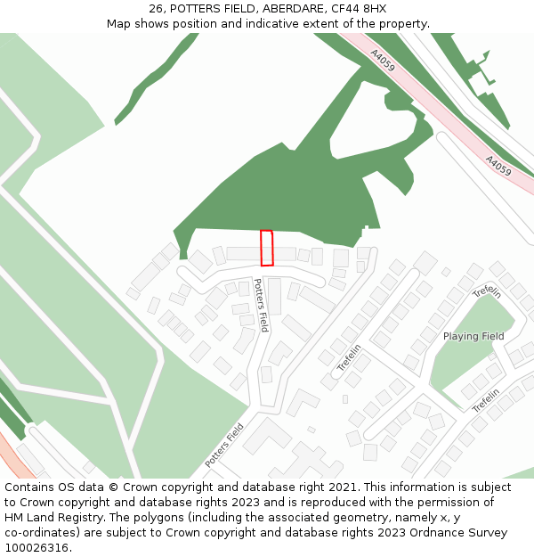 26, POTTERS FIELD, ABERDARE, CF44 8HX: Location map and indicative extent of plot