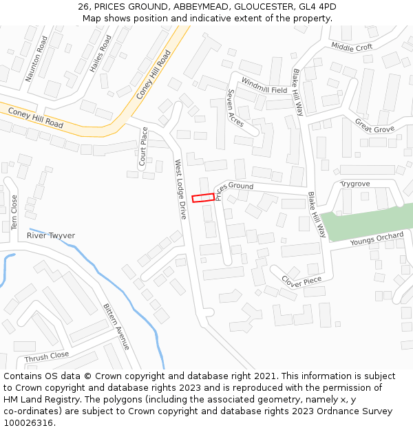 26, PRICES GROUND, ABBEYMEAD, GLOUCESTER, GL4 4PD: Location map and indicative extent of plot