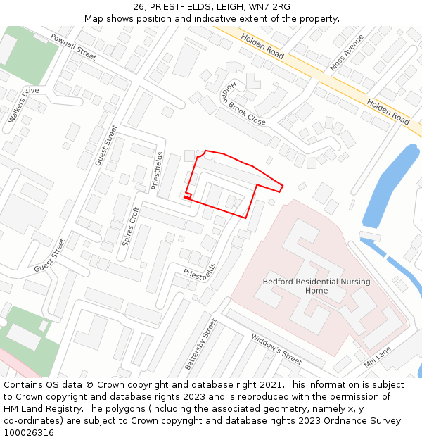 26, PRIESTFIELDS, LEIGH, WN7 2RG: Location map and indicative extent of plot