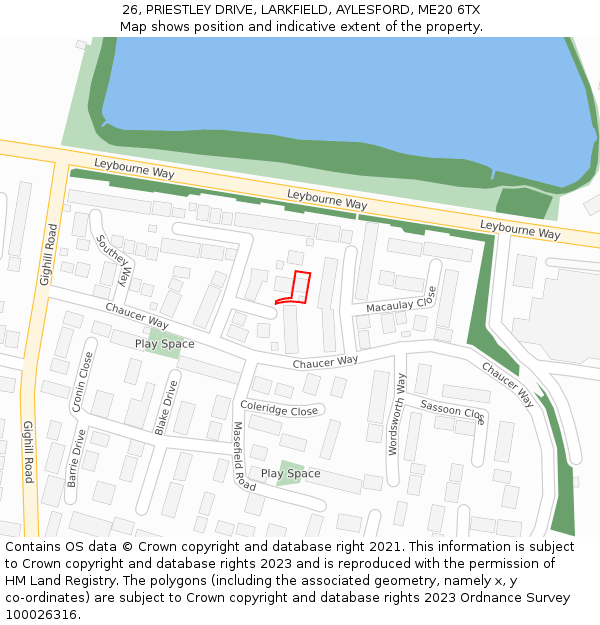 26, PRIESTLEY DRIVE, LARKFIELD, AYLESFORD, ME20 6TX: Location map and indicative extent of plot