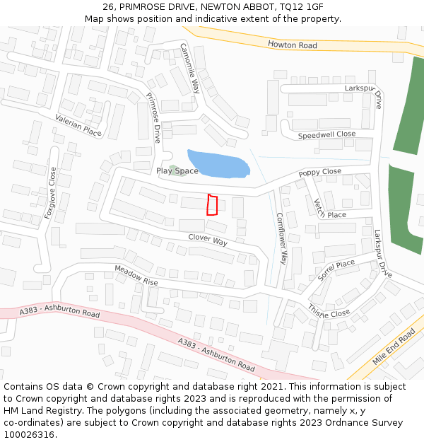 26, PRIMROSE DRIVE, NEWTON ABBOT, TQ12 1GF: Location map and indicative extent of plot