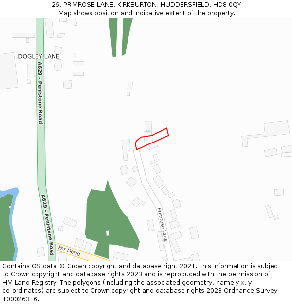 26, PRIMROSE LANE, KIRKBURTON, HUDDERSFIELD, HD8 0QY: Location map and indicative extent of plot