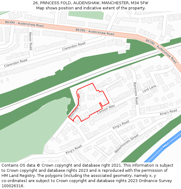 26, PRINCESS FOLD, AUDENSHAW, MANCHESTER, M34 5FW: Location map and indicative extent of plot