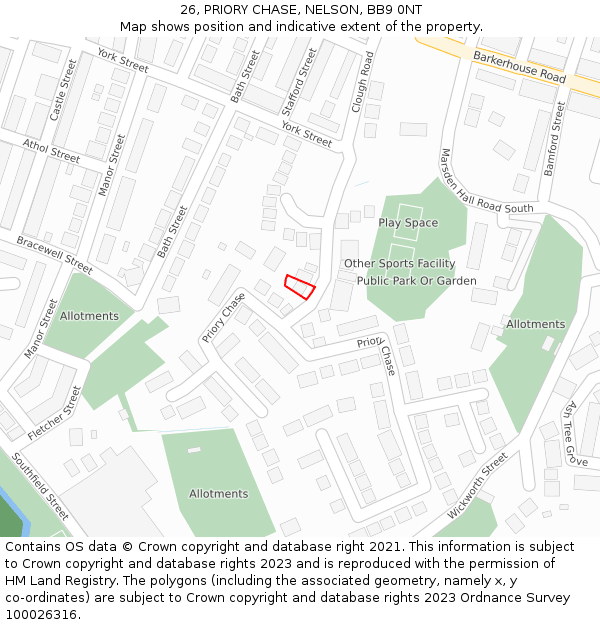 26, PRIORY CHASE, NELSON, BB9 0NT: Location map and indicative extent of plot