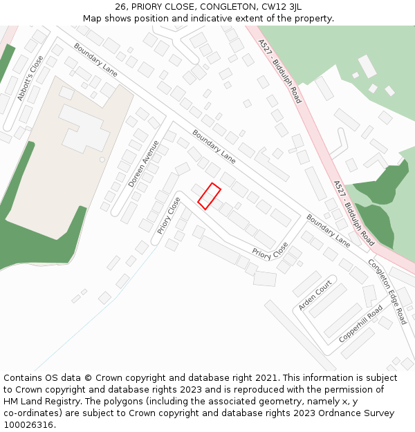 26, PRIORY CLOSE, CONGLETON, CW12 3JL: Location map and indicative extent of plot