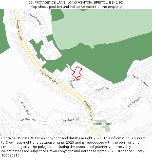 26, PROVIDENCE LANE, LONG ASHTON, BRISTOL, BS41 9DJ: Location map and indicative extent of plot