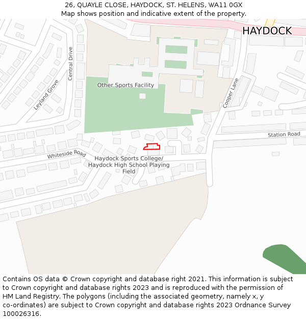 26, QUAYLE CLOSE, HAYDOCK, ST. HELENS, WA11 0GX: Location map and indicative extent of plot
