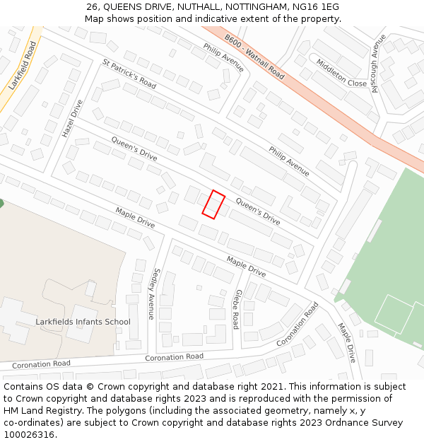 26, QUEENS DRIVE, NUTHALL, NOTTINGHAM, NG16 1EG: Location map and indicative extent of plot