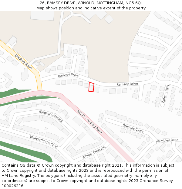 26, RAMSEY DRIVE, ARNOLD, NOTTINGHAM, NG5 6QL: Location map and indicative extent of plot