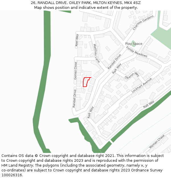 26, RANDALL DRIVE, OXLEY PARK, MILTON KEYNES, MK4 4SZ: Location map and indicative extent of plot