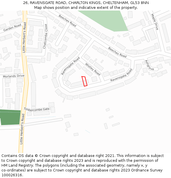 26, RAVENSGATE ROAD, CHARLTON KINGS, CHELTENHAM, GL53 8NN: Location map and indicative extent of plot