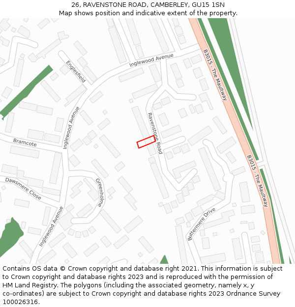 26, RAVENSTONE ROAD, CAMBERLEY, GU15 1SN: Location map and indicative extent of plot