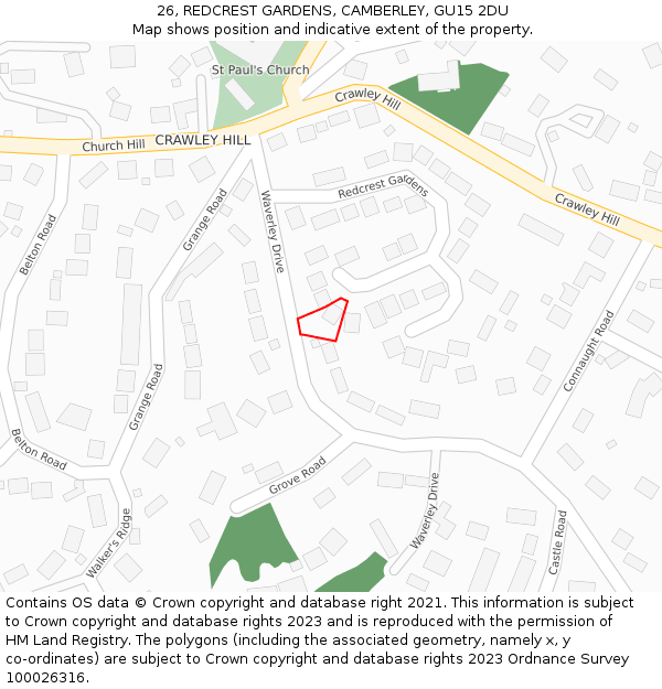 26, REDCREST GARDENS, CAMBERLEY, GU15 2DU: Location map and indicative extent of plot