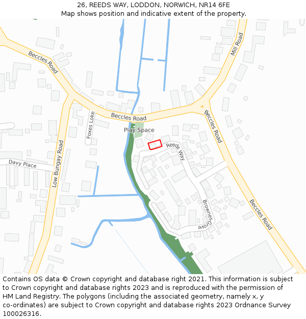 26, REEDS WAY, LODDON, NORWICH, NR14 6FE: Location map and indicative extent of plot