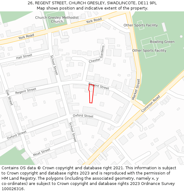 26, REGENT STREET, CHURCH GRESLEY, SWADLINCOTE, DE11 9PL: Location map and indicative extent of plot