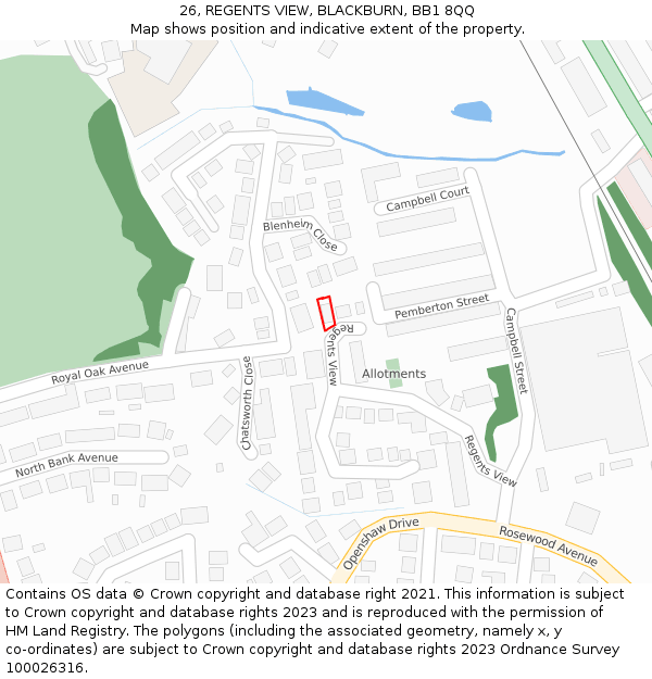 26, REGENTS VIEW, BLACKBURN, BB1 8QQ: Location map and indicative extent of plot