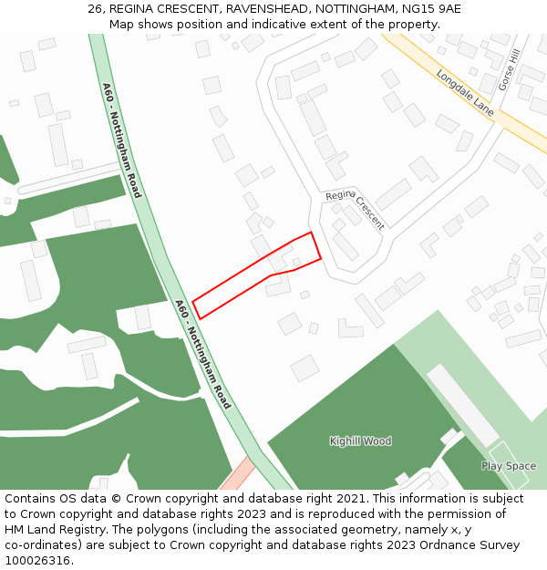 26, REGINA CRESCENT, RAVENSHEAD, NOTTINGHAM, NG15 9AE: Location map and indicative extent of plot