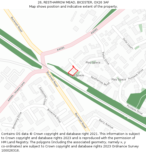 26, RESTHARROW MEAD, BICESTER, OX26 3AF: Location map and indicative extent of plot