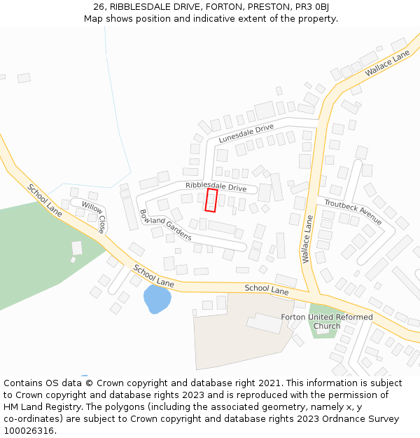 26, RIBBLESDALE DRIVE, FORTON, PRESTON, PR3 0BJ: Location map and indicative extent of plot