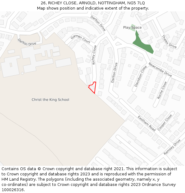 26, RICHEY CLOSE, ARNOLD, NOTTINGHAM, NG5 7LQ: Location map and indicative extent of plot