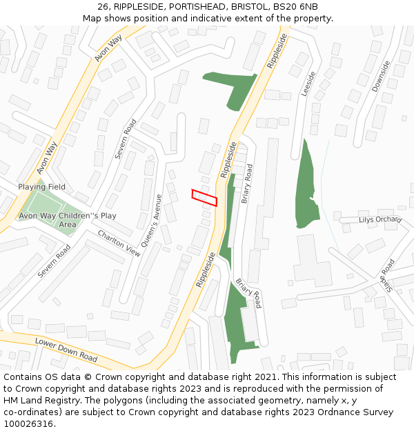 26, RIPPLESIDE, PORTISHEAD, BRISTOL, BS20 6NB: Location map and indicative extent of plot
