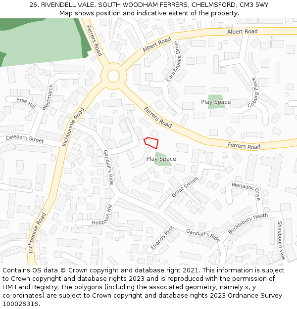 26, RIVENDELL VALE, SOUTH WOODHAM FERRERS, CHELMSFORD, CM3 5WY: Location map and indicative extent of plot