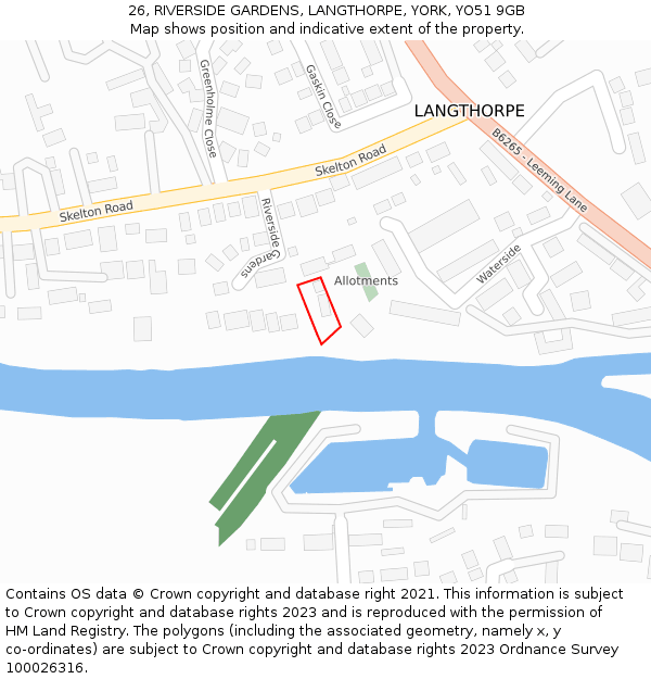 26, RIVERSIDE GARDENS, LANGTHORPE, YORK, YO51 9GB: Location map and indicative extent of plot