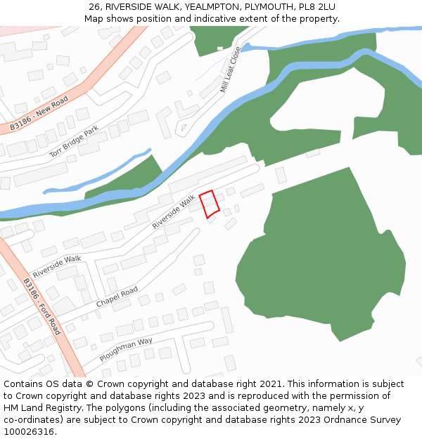 26, RIVERSIDE WALK, YEALMPTON, PLYMOUTH, PL8 2LU: Location map and indicative extent of plot