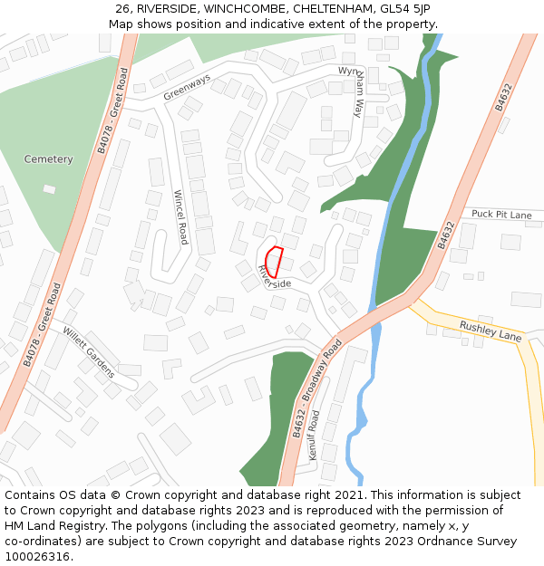 26, RIVERSIDE, WINCHCOMBE, CHELTENHAM, GL54 5JP: Location map and indicative extent of plot