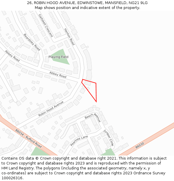 26, ROBIN HOOD AVENUE, EDWINSTOWE, MANSFIELD, NG21 9LG: Location map and indicative extent of plot