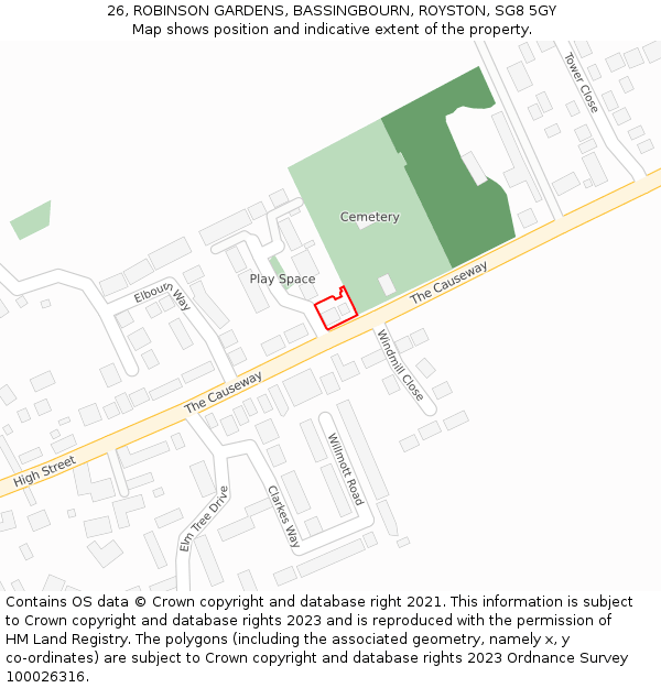 26, ROBINSON GARDENS, BASSINGBOURN, ROYSTON, SG8 5GY: Location map and indicative extent of plot