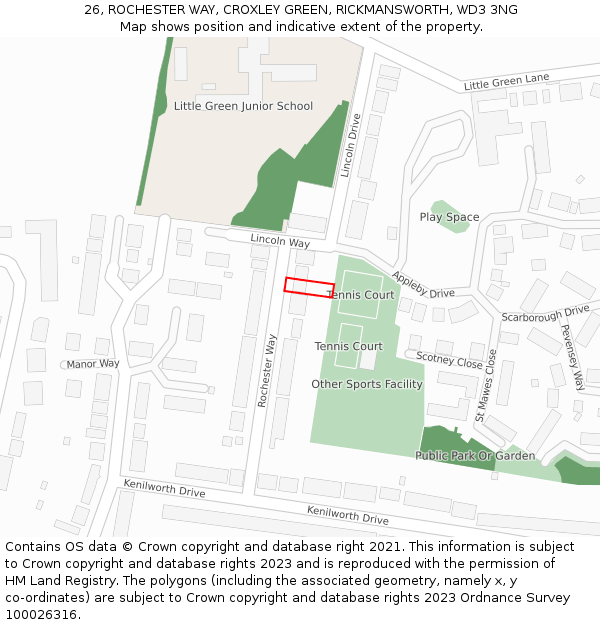 26, ROCHESTER WAY, CROXLEY GREEN, RICKMANSWORTH, WD3 3NG: Location map and indicative extent of plot