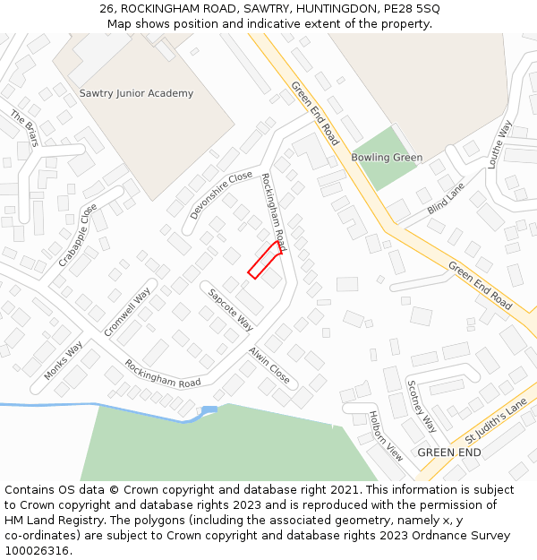 26, ROCKINGHAM ROAD, SAWTRY, HUNTINGDON, PE28 5SQ: Location map and indicative extent of plot