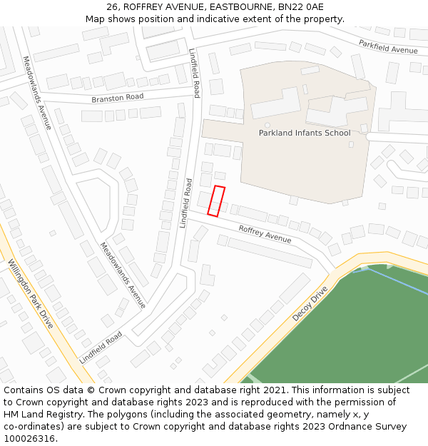 26, ROFFREY AVENUE, EASTBOURNE, BN22 0AE: Location map and indicative extent of plot